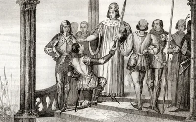Kaarle V (1358-80) Viisas esittelee miekkansa Duguesdinille, Colartin "Histoire de France" -teoksesta, julkaistu noin vuonna 1840.