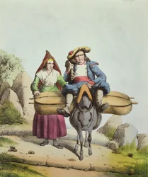 Juustomyyjät Tarbesin alueelta, n.1840 (värikaiverrus)