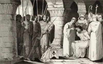 Childeric III (714-51) on syrjäytetty ja suljettu luostariin Colartin "Histoire de France" -kirjasta, julkaistu n. 1840