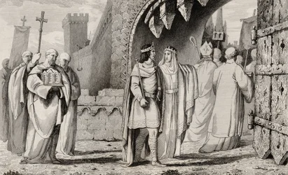 Chilperic I (539-84) uskonnollisessa kulkueessa, Colartin Histoire de Francesta, julkaistu n. 1840