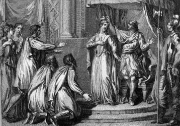 Chilperic I (n. 539-584), Neutrian kuningas, kruunasi vaimonsa Fredegonden (545-597), valtakunnan kuningattareksi vuonna 568. Kaiverrus 1700-luvulta.