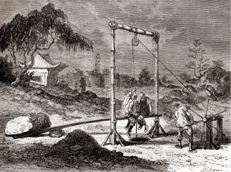 Kiinalaiset työntekijät 1800-luvulla kaivamassa kaivoa suolaveden ottamiseksi, julkaisusta "Les Merveilles de la Science", julkaistu n. 1870 (kaiverrus)