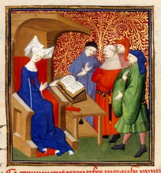 Christine opettaa, MS Harley 4431, f.259v, Ranska, n. 1410-14 (väri pergamentilla)