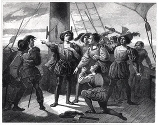 Kristoffer Kolumbus (1450-1506) pelottelee miehistöään