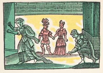 Tuhkimo tai pieni lasitossu, Mother Goose kertomasta Historiasta tai Tales of Past Timesista, Moraalista, M Perrault, pub. 1925 (käsinvärinen puupalikkaprintti)