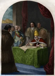 Klemens XIV (Clemente tai Clemens) (1705-1774) lakkauttaa jesuiittajärjestön 21. heinäkuuta 1773. Kaiverrus vuodelta 1842 Maurice Lachatren teoksessa "Histoire des popes: crimes, murders, poisonings, parricides, adulteres, incest...". Yksityiskokoelma.