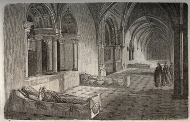 Fontevraultin luostari Henri II - Eleonore de Guyennen patsaineen - kaiverrus Victor Duruyn (1811-1894) "Histoire de France" -kirjoitukseen - 1882