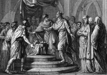 Clotaire (Clothaire) II (584-628), joka johti ensimmäistä "Champ de mars" tai Placita (Plaids), liikkuvaa parlamenttia, Ranskan neljän kuningaskunnan yhdistymisen jälkeen vuonna 613. Kaiverrus 1700-luvulta.