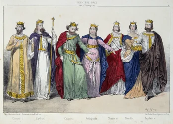 Clotaire (Clothaire) I, Caribert, Chilperic, Fredegonde, Clotaire II, Nantilde, Dagobert I - teoksessa "La monarchy francaise en estampes"