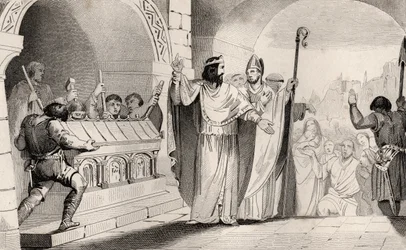 Clovis II (635-57) Hopeaa ja kultaa pyhäkön ruokkimiseksi, Colartin "Histoire de France", julkaistu n. 1840