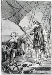 Kolumbus sidottu konnaksi (laivan kannella), sairas. Jules Vernen "" Discovery de la Terre" -toimittaja, toim. Hetzel, n.d. 19.
