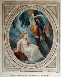 Tule, auta Virginiaa. Kuvitus Bernardin de Saint Pierren (1737-1814) romaanille "Paul ja Virginie". Kaiverrus vuodelta 1790. La Rochelle, New World Museum