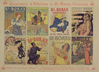 Kilpailu parhaasta julisteesta, joka mainostaa ranskalaista puhdistusainetta Bi-Borax Oriental, 1898