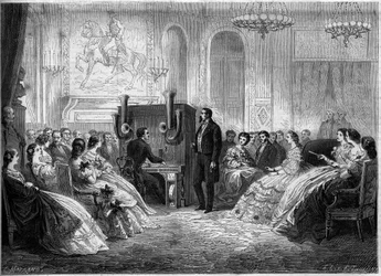 Sen keksijän J.B. Schalkenbachin "piano electromotor orchestra" -konsertti, läsnä Napoleon III ja Impress Eugenie de Montijo. Palais de Saint Cloud