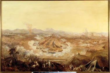 Algerian valloitus: "" Islyn taistelu 16.8.1844 esittäen marokkolaisia tukemassa Abd el Kaderia ranskalaisille"" Maalaus ranskalaisesta koulusta. 1844 Pariisi, Musee de l