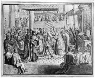 Henrik IV:n (1553-1610) vihkiminen ja kruunaus Chartresin katedraalissa 27. tammikuuta 1594, 1500-luvun loppu (yksityiskohta)