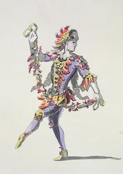 Pukusuunnittelu Tritonille, 1600-luvun baletissa, Menus Plaisirs -kokoelmasta, faksimile A. Guillaumot Fils (värikaiverrus)