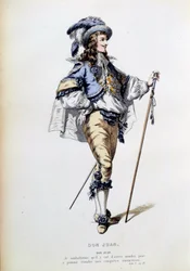 Puku Don Juanin hahmolle Jean Baptiste Poquelin dit Molieren (1622-1673) homonyymisen teoksen I näytöksen 2. kohtauksessa. Kaiverrus 1800-luvun Pariisista, Comedie francaise