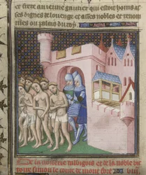 Cotton Nero E. II pt.2, f.20v Albigensialaisten karkottaminen Carcassonesta vuonna 1209, Grandes Chroniques de Francesta, n. 1415 (muste, väri ja kulta paperille)