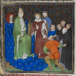Cotton Nero E II pt2 fol.100v Temppelit ennen Philippe IV:tä (1268-1314) ja paavi Clement V:tä (n. 1260-1320), teoksesta "Grandes Chroniques de France" (vellum)