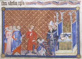 Cotton Tiberius B VIII f.48v, Filip Rohkea, Burgundin herttua, kiinnittää kannukset kuningas Kaarle V:lle, kuvitus teoksesta 