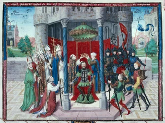 Kreivi Jean de Brienne, miniatyyri teoksesta "Les chroniques de Jherusalem abregies", noin 1450 (tempera pergamentilla).