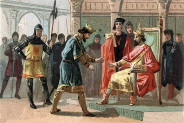 Kreivi Louis de Crecy, Kortrijkin asukkaiden uhkaamana, pyysi apua Ranskan kuninkaalta Charles Le Beliltä (1294-1328). Kromolitografia noin 1890.