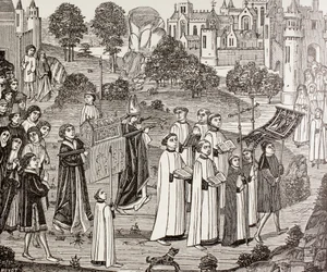 Kreivi Renier kantamassa Saint Veronican ruumista Monsin St. Waudrun kirkossa Paul Lacroixin teoksesta "Sotilas ja uskonnollinen elämä keskiajalla", julkaistu Lontoossa n. 1880