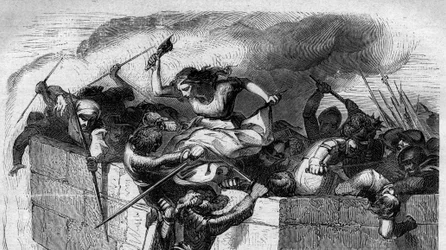 Toscanan kreivitär Mathilde (Matilde di Toscana), joka tunnetaan nimellä Canossa (1046-1115), työnsi pyhän germaanisen valtakunnan keisari Henrik IV:n joukot takaisin Canossan linnaansa vuonna 1077. Kaiverrus "Histoire des Papes-Rois-Queen and Empereurss" 