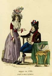 Pari muotia vuodelta 1792. Värikaiverrus Harlemin kaapin piirustuksen jälkeen, teoksessa "France et les francais a travers les siecles" Augustin Challamel, F.Royn toimittaja, Paris 1882. Selva Collection.