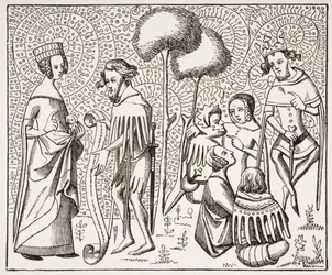 Court of Love in Provence, 1300-luvun käsikirjoituksen jälkeen, Paul Lacroixin (1806-84) Le Moyen Age et La Renaissance -julkaisusta, julkaistu 1847