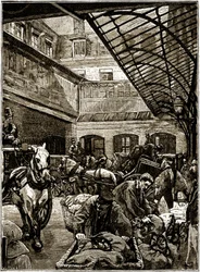 Postisäkkien uudelleenlastauspiha Hotel des Postesissa Pariisissa 1800-luvun puolivälissä.