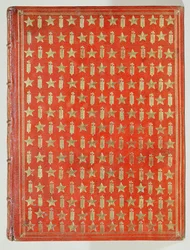 Kardinaali Mazarinin omistaman kirjan kansi, jossa on kardinaalien tähtien ja kasvojen tunnusmerkit, 1644 (nahka ja kultaus)