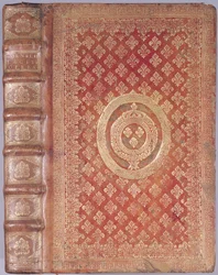 Kansi Tacituksen (55-120) teoksista Ludvig XIV:n (1638-1715) vaakunalla (kohokuvioitu nahka)