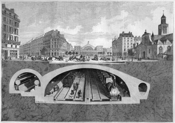 Poikkileikkaus, joka edustaa Pariisin maanalaista rautatieprojektia Vilettestä keskushalleihin vuonna 1861. Kaiverrus "" Le Monde Illustré" -julkaisussa nro 213, 11. toukokuuta 1861.
