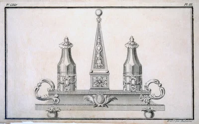 Cruet-setti jalustalle Duhamelin koonnutta uusklassista metallityötä sisältävästä mallikirjasta, n. 1770-80-luvut