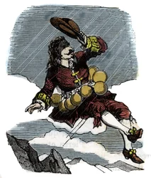 Cyrano de Bergerac kohoaa taivaalle ruusupullojen ja matkan kuuhun ansiosta, esimerkki Hercules Savinien Cyrano de Bergeracin (1619-1655) romaanista: ""Toinen maailma""