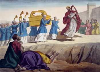 Daavid saattoi liitonarkin Jerusalemiin, kuvitus katekismuksesta LHistoire Sainte, julkaissut Charles Delagrave, Pariisi, 1800-luvun lopulla