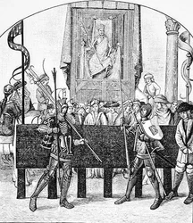 Kuolema taisteluissa, kirjasta Le Chevalier Delibere (Päättäväinen ritari), jonka on kirjoittanut Olivier de la Marche (1426-1501), kuvitus tieteestä ja kirjallisuudesta keskiajalla ja renessanssilla