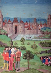 Joukkojen lähtö, kohtaus käsikirjoituksesta "Chroniques de France", kopio Jean de Froissartin (n. 1333-1404) teoksesta, joka kertoo Euroopan historiasta vuosilta 1225-1400