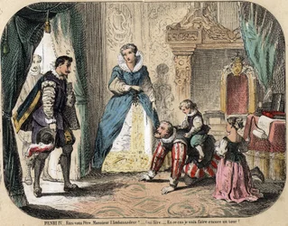 Kuvaus lasten vapaa-ajasta ja leikistä: Ranskan kuningas Henrik IV (1553-1610) leikkii lastensa (luultavasti Ludvig XIII ja Ranskan Elisabeth) kanssa Espanjan suurlähettilään edessä. Mediciksen kuningatar Maria on paikalla. Levy "" les jeux de l
