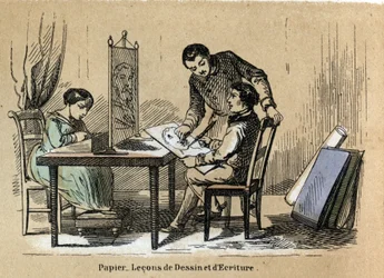 Kuvaus eri tuotteista ja paperin käyttötavoista: piirustus- ja kirjoituskenttä. Levy "" Le papier et ses produits"" in "" les Recreations instructives"" Jules Delbruckin synoptique-maalaus, kaiverrus vuodelta 1860. Yksityinen kokoelma.