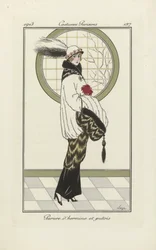 Suunnitelma helmiäis- ja hillerikissayhtyettä varten, teoksesta Costumes Parisien, pub.1913 (pokkaripainatus).