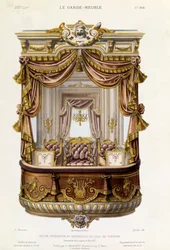 Suunnittelu teatterilaatikon sisä- ja ulkopuolelta, kuvitus Le Garde-Meuble -lehdestä, n. 1860