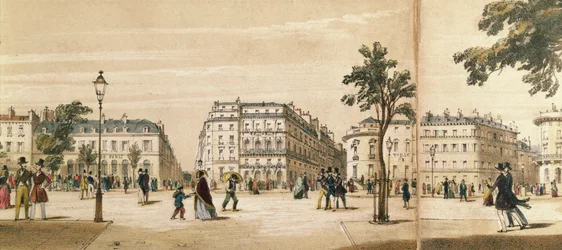 Yksityiskohta panoraamakuvasta Boulevard des Italiensista, n. 1840 (värilitho)