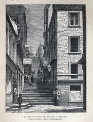 Tutustu Kanadaan: Rue du Peute Champlain (Petity-Champlain) Quebecissä. Taylorin piirustus valokuvasta. Kaiverrus 1800-luvun lopusta Eugene Gueninin teokseen "La nouvelle France".