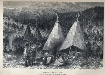 Löysi Kanadan: Amerikan intiaanileiri t-piipillä. Rioun piirustus Dixonin luonnoksesta. Kaiverrus 1800-luvun lopusta Eugene Gueninin teokseen "La nouvelle France".