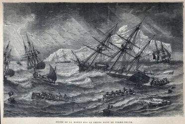 Löysin Kanadan: Turskan kalastus Grand Bank of Newfoundlandissa, Newfoundlandissa. Kaiverrus 1800-luvun lopusta Eugene Gueninin teokseen "La nouvelle France".