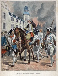 Löysi Kanadan: Louis Joseph de Montcalm (1712-1759) kenraali francais loukkaantui Quabecin kaupungin piirityksen aikana englantilaisten toimesta ja tuotiin takaisin Quebeciin vuonna 1759. Kaiverrus 1800-luvun lopusta kirjassa "La nouvelle France", kirjoitt