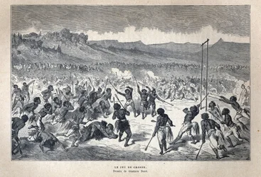 Löysi Kanadan: Urheilu. Amerikan intiaanien lacrosse-peli. Piirustus Gustave Dore. Kaiverrus 1800-luvun lopusta Eugene Gueninin teokseen "La nouvelle France".